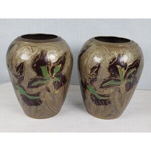 Vintage 4 Inch Solid Brass Cloisonne Enamel Vase Iris Floral Design Sage Green